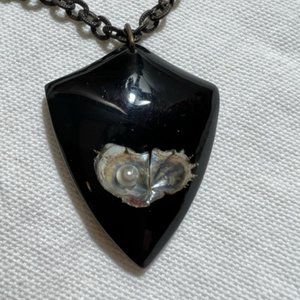 Vintage  Japanese Oval Onyx  Real Pearl Pendant with Chain